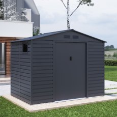 9x6 Lotus Hypnos Apex Metal Shed in Cold Grey - in situ, angle view, doors closed