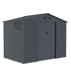 9x6 Lotus Hypnos Apex Metal Shed in Cold Grey - isolated angle view, doors closed
