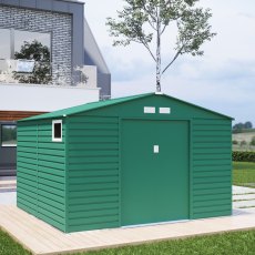 11'x10'5" Lotus Hypnos Apex Metal Shed in Green - in situ, angle view, doors closed