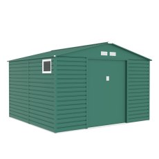 11'x10'5" Lotus Hypnos Apex Metal Shed in Green - isolated angle view, doors closed
