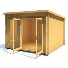 10x10 Shire Emneth Pent Log Cabin In 19mm Logs - in situ, angle view, doors open