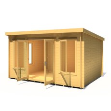 10Gx13 Shire Emneth Pent Log Cabin in 19mm Logs - isolated angle view, doors open