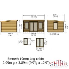 10Gx13 Shire Emneth Pent Log Cabin in 19mm Logs - dimensions