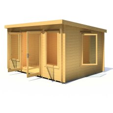 10Gx13 Shire Emneth Pent Log Cabin in 19mm Logs - islated with doors and windows open