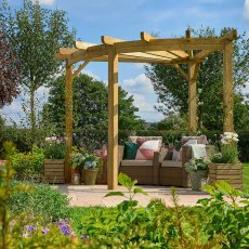 9x9 Forest Premium Radial Wooden Garden Corner Pergola - with garden chair