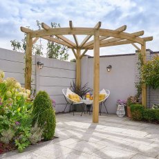9x9 Forest Premium Radial Wooden Garden Corner Pergola - with table and chairs