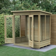 6x4 Forest Beckwood Pent Summerhouse with Double Doors - 25yr Guarantee - in situ, angle view, doors open