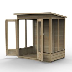 6x4 Forest Beckwood Pent Summerhouse with Double Doors - 25yr Guarantee - isolated angle view, doors open
