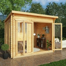 3m x 3m Mercia Studio Pent Log Cabin - 28mm Logs - In Situ, Doors Open