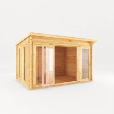 4m x 3m Mercia Studio Pent Log Cabin - 28mm Logs - White Background, Doors Open