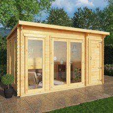 4.1m x 3m Mercia Studio Pent Log Cabin With Side Shed - 28mm Logs - In Situ, Doors Closed