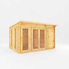 4.1m x 3m Mercia Studio Pent Log Cabin With Side Shed - 28mm Logs - White Background, Doors Closed