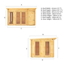 4.1m x 3m Mercia Studio Pent Log Cabin With Side Shed - 28mm Logs - Dimensions