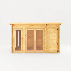 4.1m x 3m Mercia Studio Pent Log Cabin With Side Shed - 28mm Logs - White Background, Front View