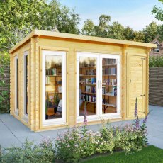 4.1m x 3m Mercia Studio Pent Log Cabin With Side Shed - UPVC Doors, White