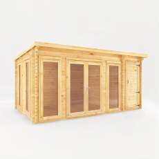 5.1m x 3m Mercia Studio Pent Log Cabin With Side Shed - White Background, Doors Closed