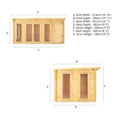 5.1m x 3m Mercia Studio Pent Log Cabin With Side Shed - Dimensions