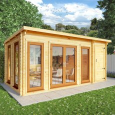 5.1m x 3m Mercia Studio Pent Log Cabin With Side Shed - UPVC Doors, Oak