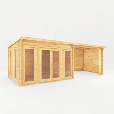 7m x 3m Mercia Studio Pent Log Cabin With Patio Area - White Background, Doors Closed