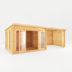 7m x 3m Mercia Studio Pent Log Cabin With Patio Area - White Background, Doors Open