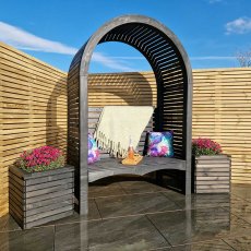 Grange Contemporary Garden Arbour in Black - lifestyle with planters both sides