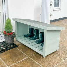 3x2 Shire Woodlowe Pent Welly Store - Pressure Treated - in situ, angle view, boots