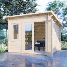 10Gx10 Shire Elm Log Cabin with Side Shed in 44mm Logs - in situ, angle view, doors open - LHS