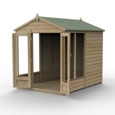 8x6 Forest Beckwood Apex Summerhouse with Double Doors - 25yr Guarantee - isolated angle view, doors open