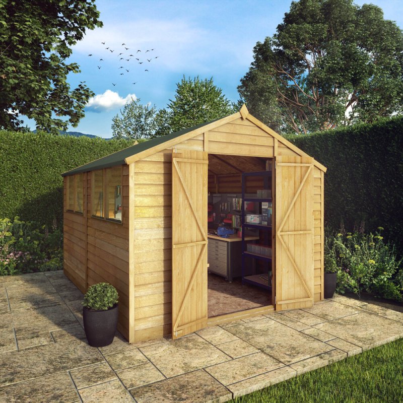 10x8 Mercia Overlap Shed - in situ, angle view, doors open