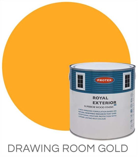 Protek Royal Exterior Paint 5 Litres - Drawing Room Gold Colour Swatch with Pot