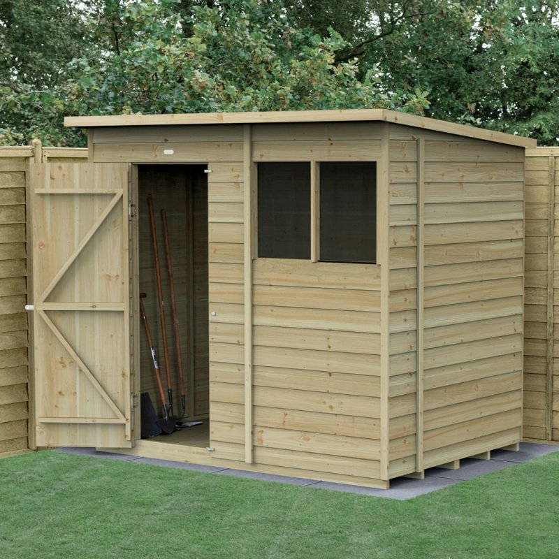 7 x 5 Forest 4Life Overlap Pent Wooden Shed - insitu with door open