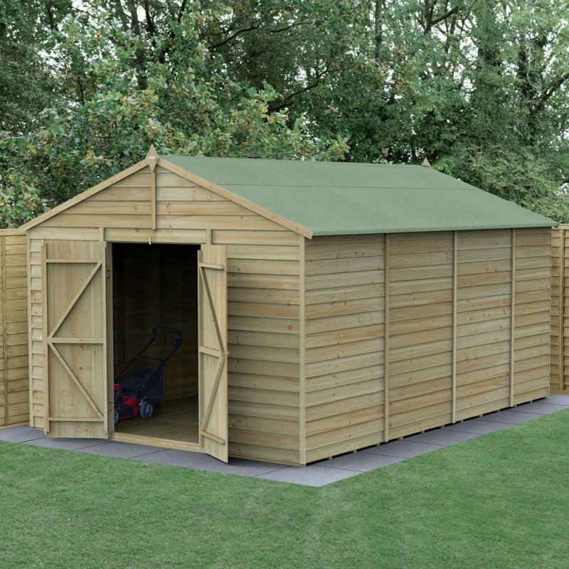 10x15 Forest 4Life Overlap Windowless Apex Shed with Double Doors - with doors open