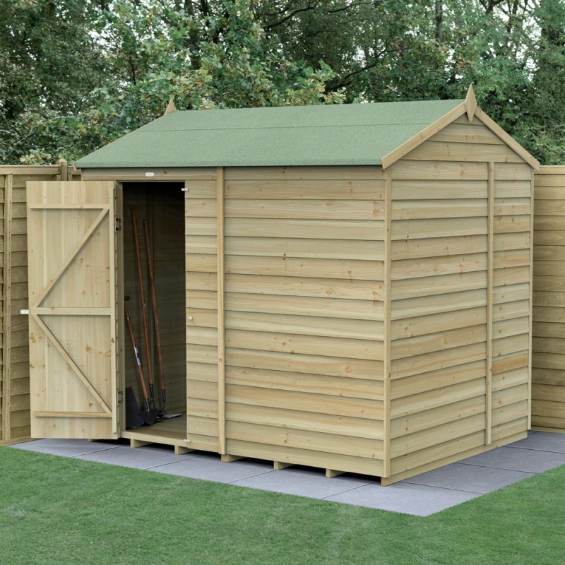 8x6 Forest 4Life Overlap Windowless Reverse Apex Shed - insitu with doors open