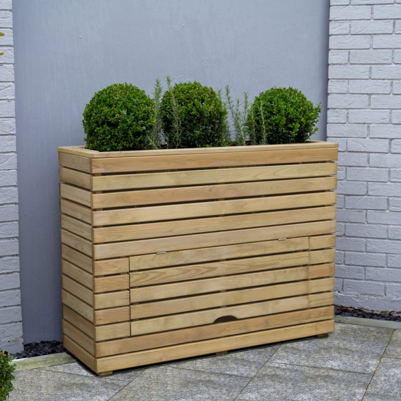 3'11x1'4 Forest Linear Tall Wooden Garden Planter with Storage - In Situ and angled view
