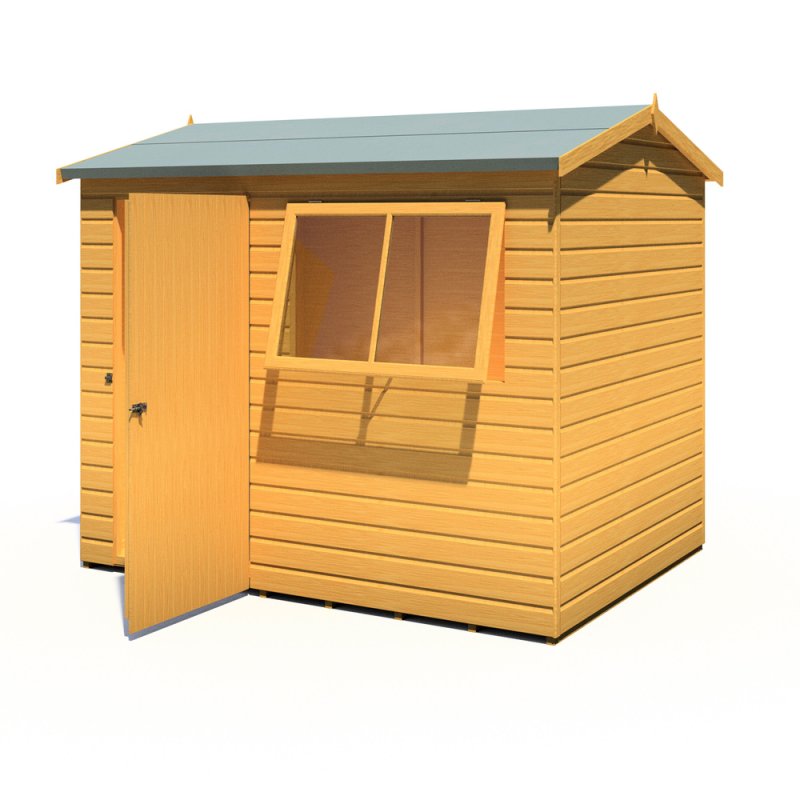 8x6 Shire Lewis Professional Reverse Apex Shed Door In Left Hand Side - Isolated angle view, doors open