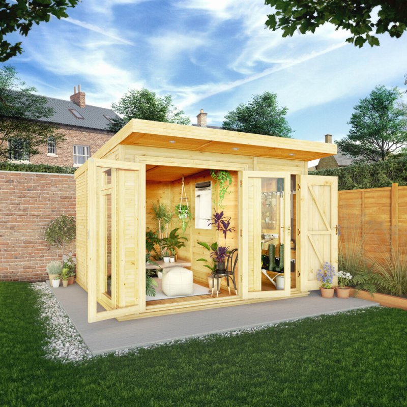 3.00mx3.00m Mercia Insulated Garden Room With Side Shed - in situ, doors open