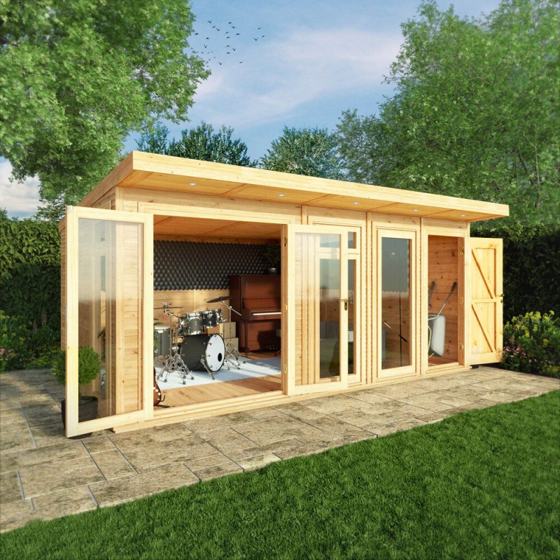5.00mx3.00m Mercia Insulated Garden Room With Side Shed - in situ, doors open