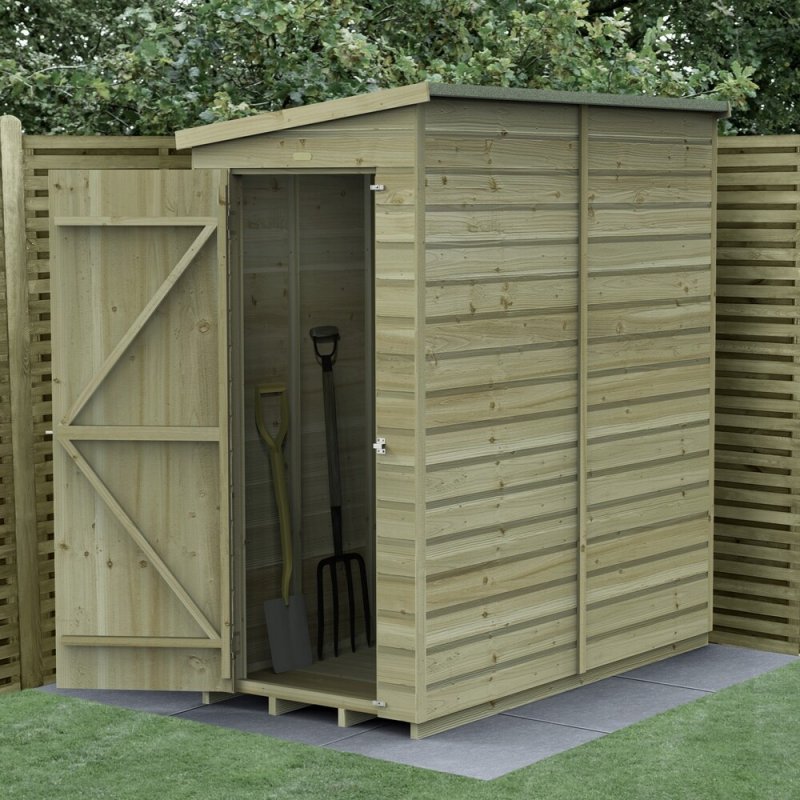 6x3 Forest Beckwood Tongue & Groove Pent Windowless Wooden Shed - in situ, angle view, doors open