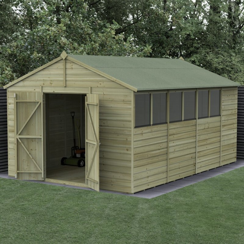 10x15 Forest Beckwood Tongue & Groove Apex Wooden Shed with Double Doors - in situ, angle view, doors open