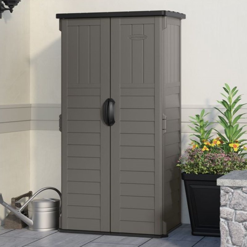 3x2 Suncast 1250 Mannington Plastic Shed - Stoney Grey - in situ, angle view, doors closed