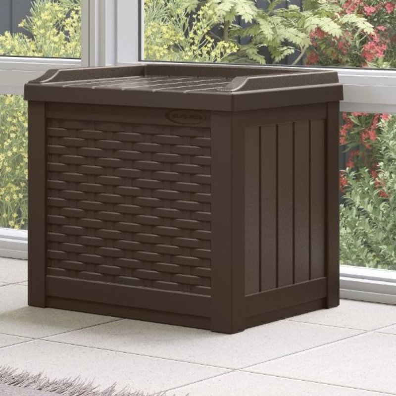 Suncast Storage Seat - Java Resin Wicker 83Litre Capacity - in situ, angle view, lid closed