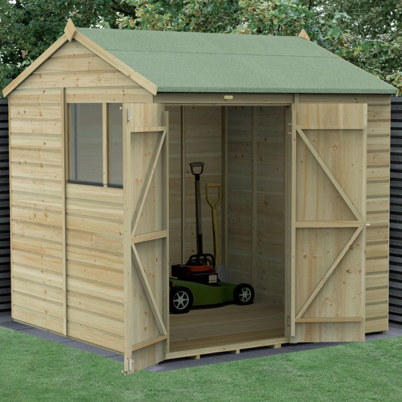 7x7 Forest Beckwood Tongue & Groove Reverse Apex Wooden Shed with Double doors - in situ, angle view, doors open