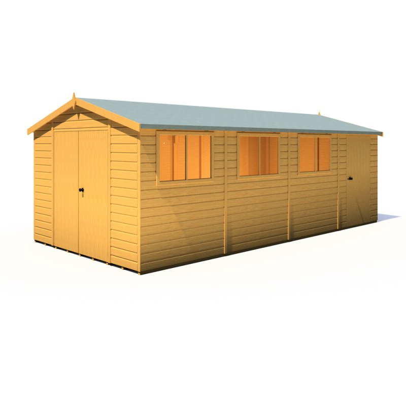10x20 Shire Reverse Apex Workspace Workshop Wooden Shed with Single & Double Doors - isolated angle view, doors closed