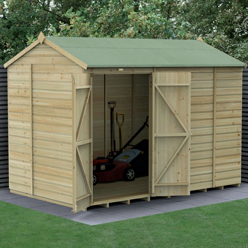 10x6 Forest Beckwood Tongue & Groove Reverse Apex Windowless Wooden Shed - in situ, angle view, doors open