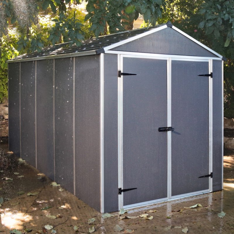 6x12 Palram Canopia Rubicon Plastic Apex Shed - Dark Grey - in situ, angle view, doors closed