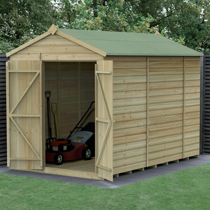 10x6 Forest Beckwood Apex Shed Windowless Shiplap Double Doors - in situ, angle view, doors open