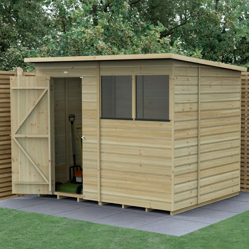 8x6 Forest Beckwood Shiplap Pent Wooden Shed - in situ, angle view, doors open