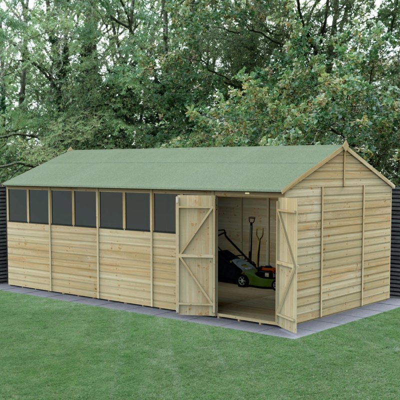 20x10 Forest Beckwood Shiplap Reverse Apex Wooden Shed with Double doors - in situ, angle view, doors open