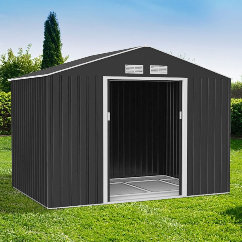 9x6 Lotus Hera Apex Metal Shed with Foundation Kit - in situ, angle view, doors open