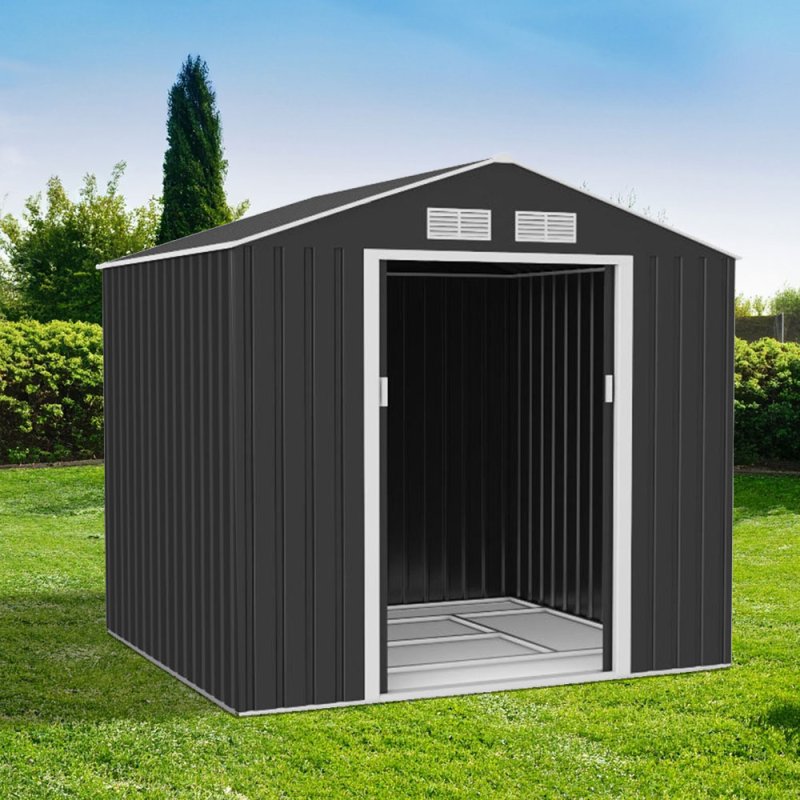 7x6 Lotus Hera Apex Metal Shed with Foundation Kit - in situ, angle view, doors open